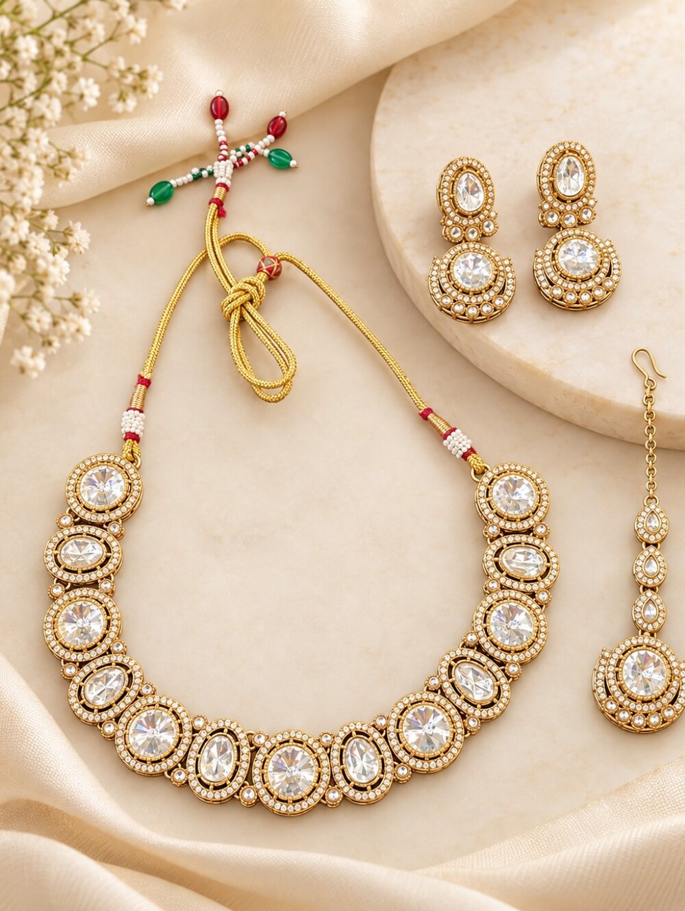 Clear Kundan Necklace Set with Earrings & Maang Tikka | Indian Jewelry